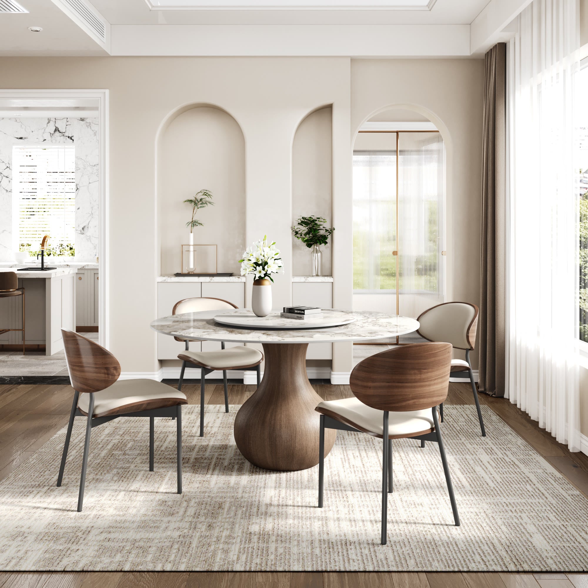 Centria Dark Walnut Round Solid Wood Pedestal Dining Table with Pandora Stone Top and Lazy Susan - image 2