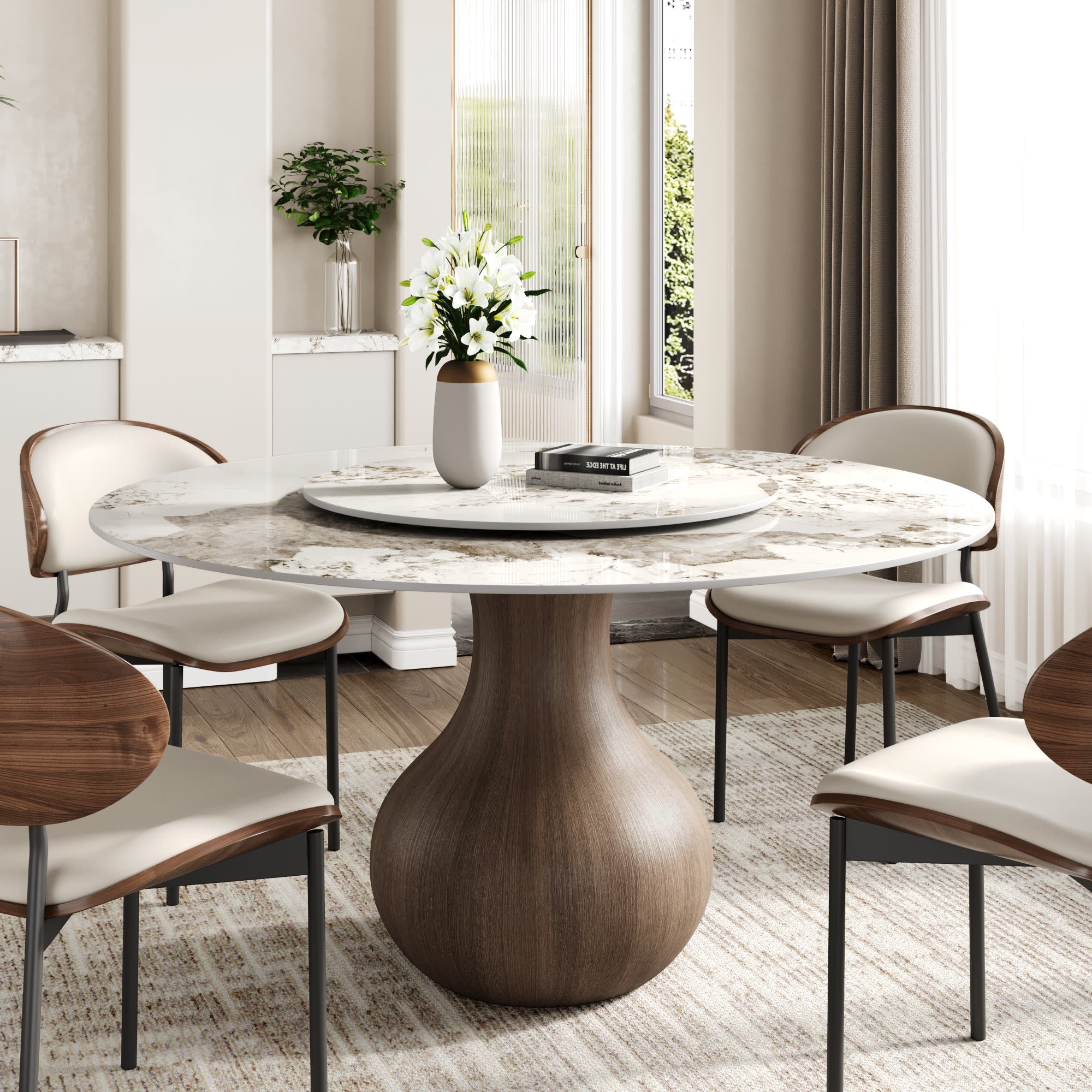 Centria Dark Walnut Round Solid Wood Pedestal Dining Table with Pandora Stone Top and Lazy Susan - 59.05'' W X 59.05'' D X 29.53'' H - image 0