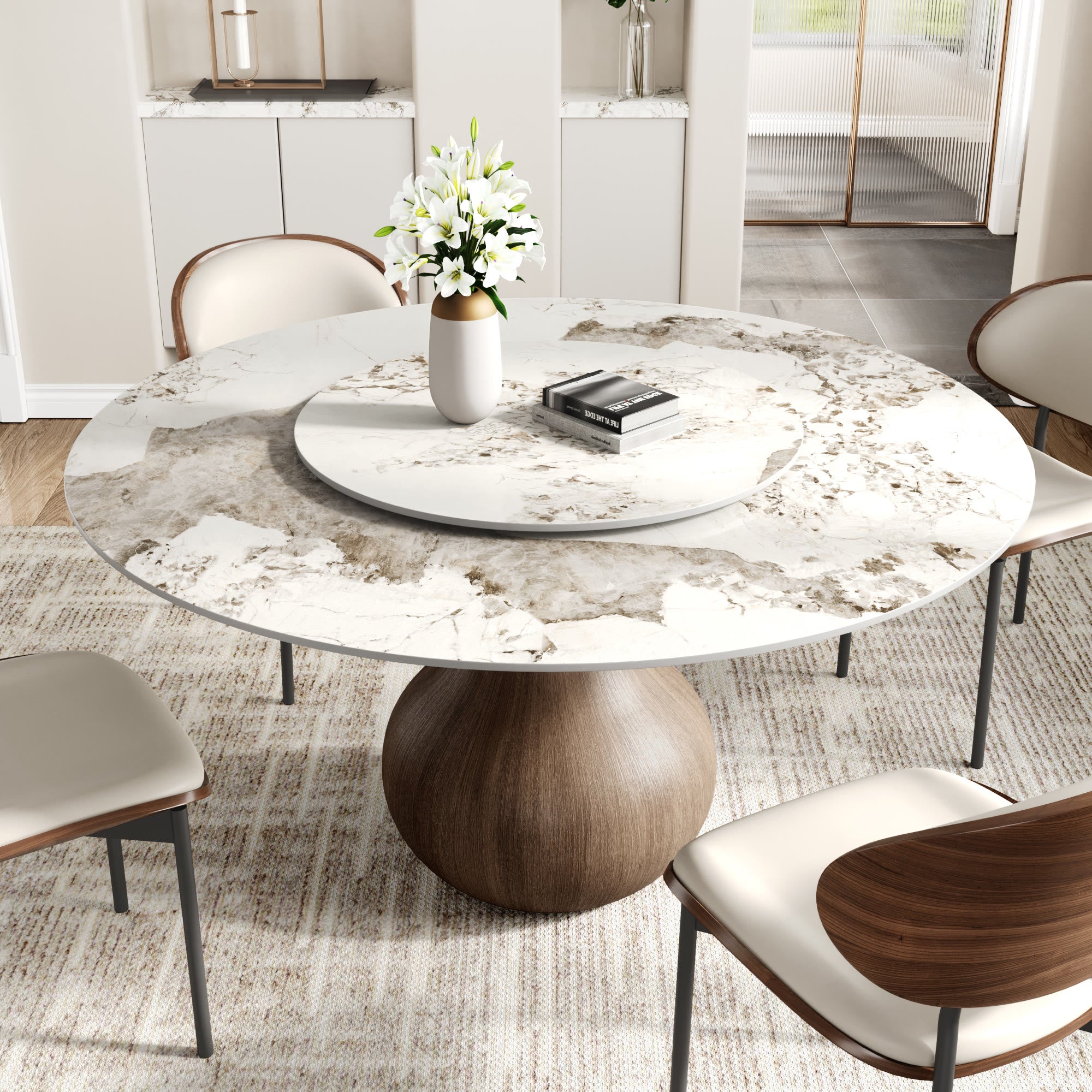 Centria Dark Walnut Round Solid Wood Pedestal Dining Table with Pandora Stone Top and Lazy Susan - image 3