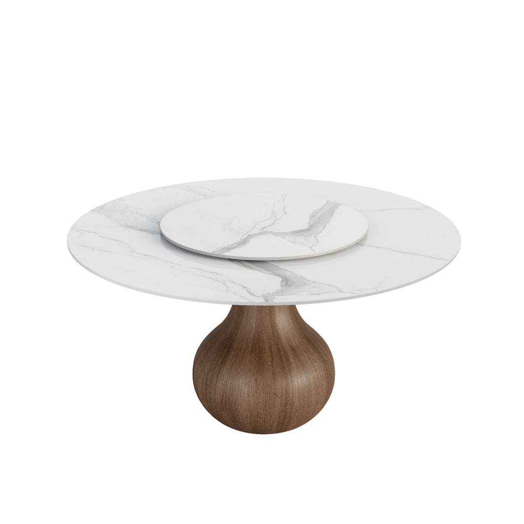 Centria Dark Walnut Round Solid Wood Pedestal Dining Table with Snow White Stone Top and Lazy Susan - image 1