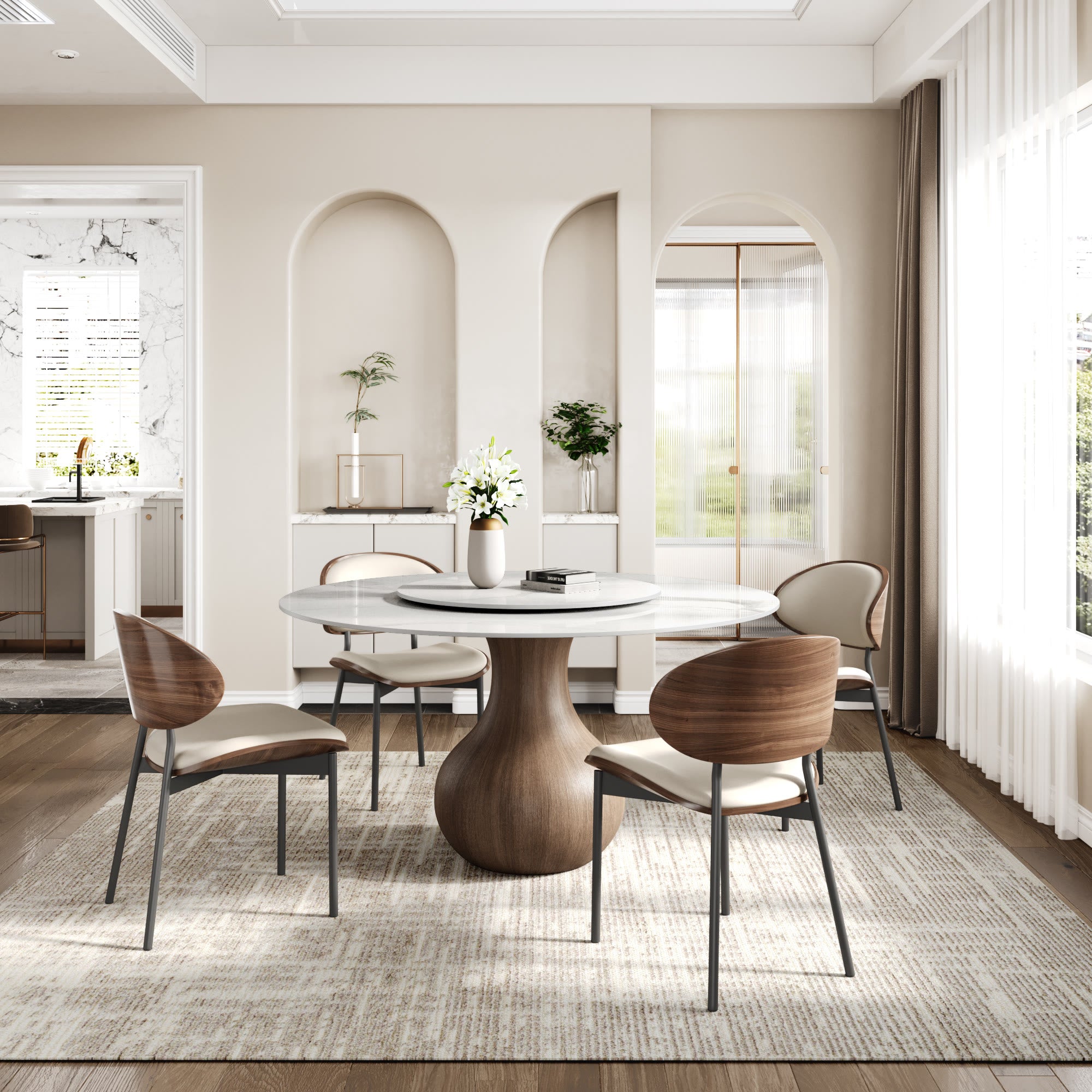 Centria Dark Walnut Round Solid Wood Pedestal Dining Table with Snow White Stone Top and Lazy Susan - image 3