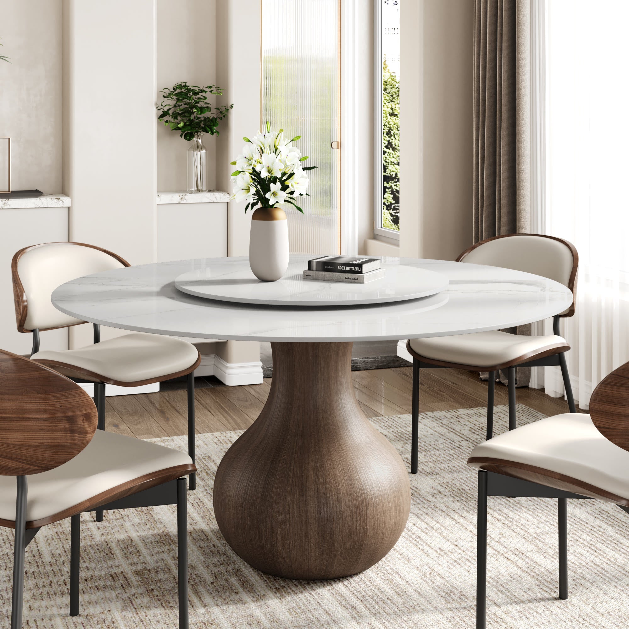 Centria Dark Walnut Round Solid Wood Pedestal Dining Table with Snow White Stone Top and Lazy Susan - 59.05'' W X 59.05'' D X 29.53'' H - image 0