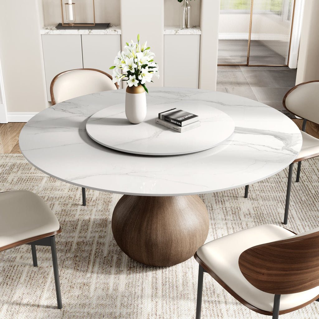 Centria Dark Walnut Round Solid Wood Pedestal Dining Table with Snow White Stone Top and Lazy Susan - image 4