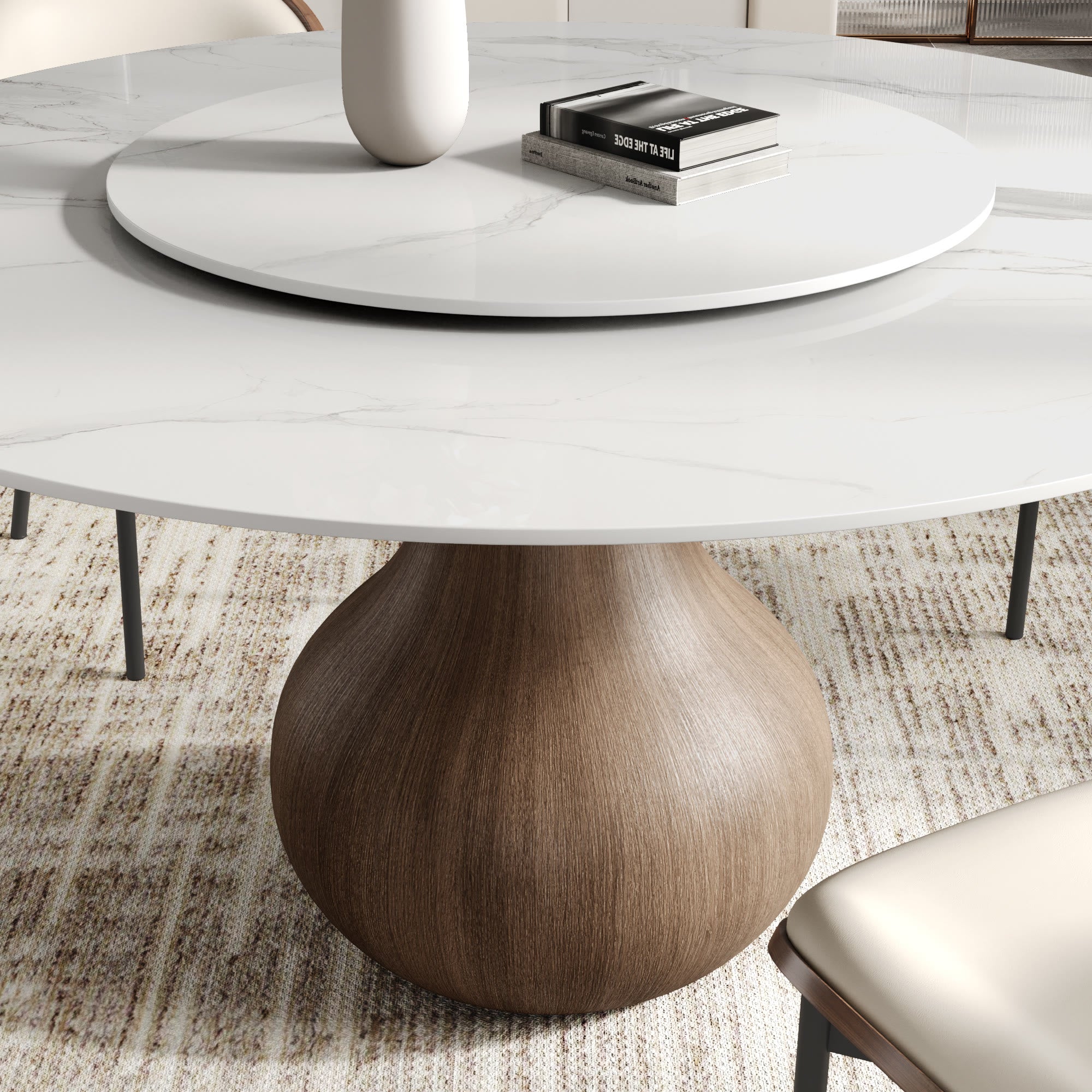 Centria Dark Walnut Round Solid Wood Pedestal Dining Table with Snow White Stone Top and Lazy Susan - image 7