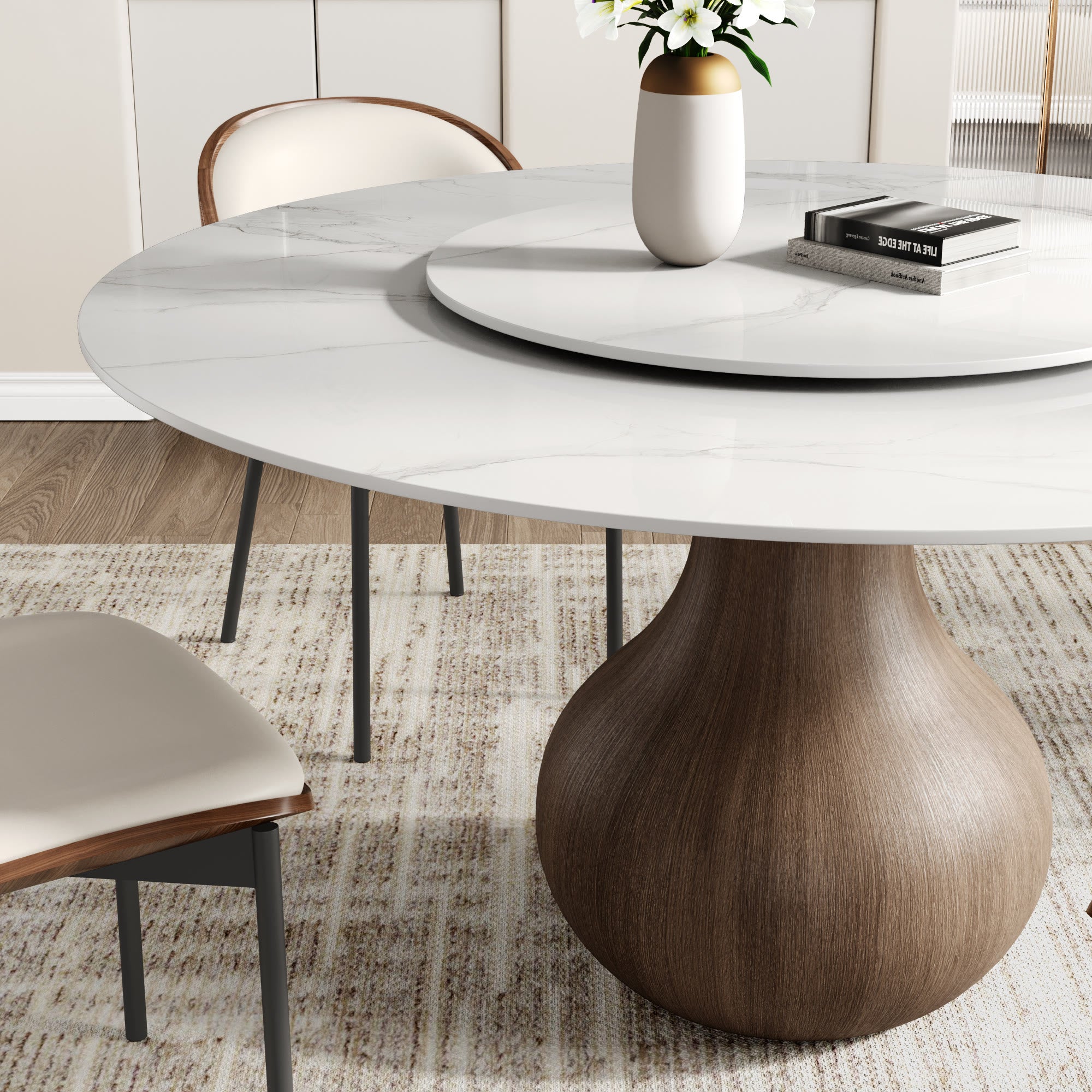 Centria Dark Walnut Round Solid Wood Pedestal Dining Table with Snow White Stone Top and Lazy Susan - image 2