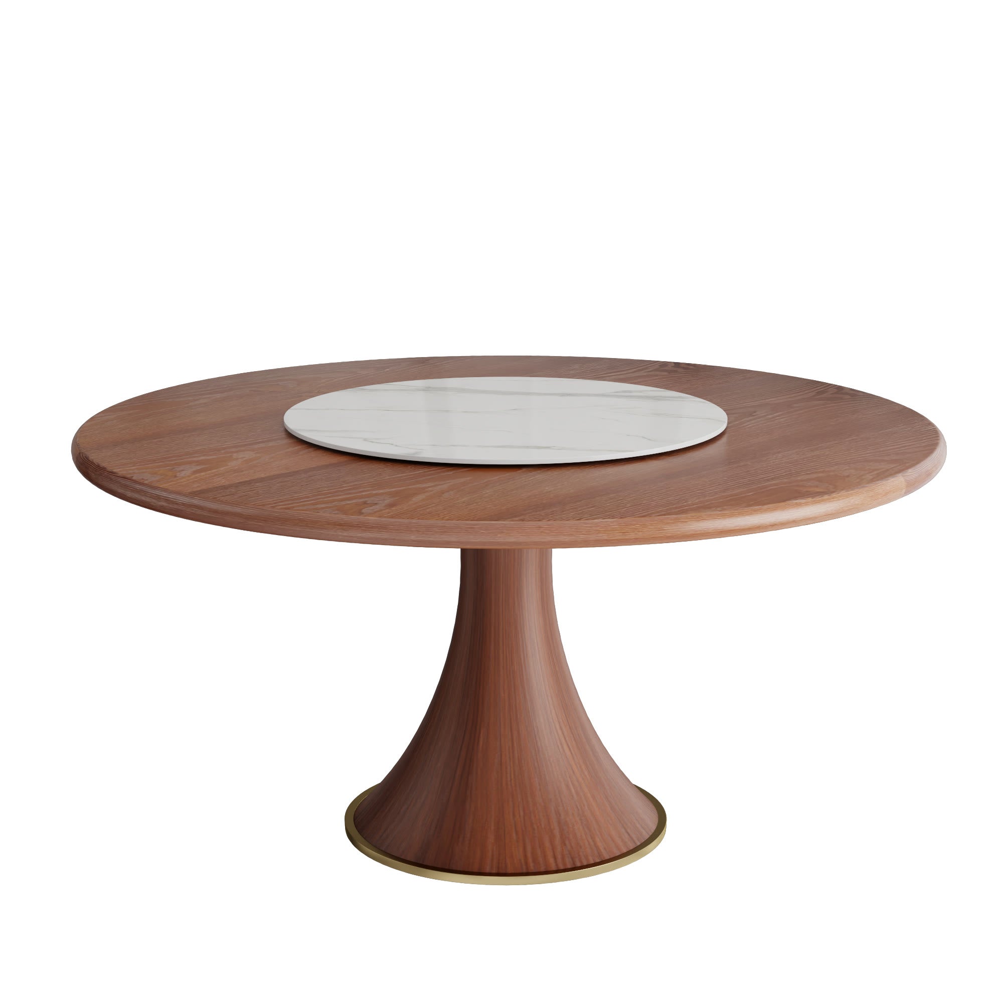 Aurelia Walnut Round Solid Wood Pedestal Dining Table with Snow White Stone Lazy Susan - image 1
