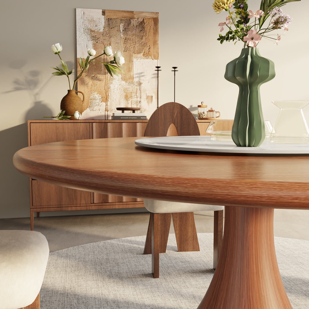 Aurelia Walnut Round Solid Wood Pedestal Dining Table with Snow White Stone Lazy Susan - image 2