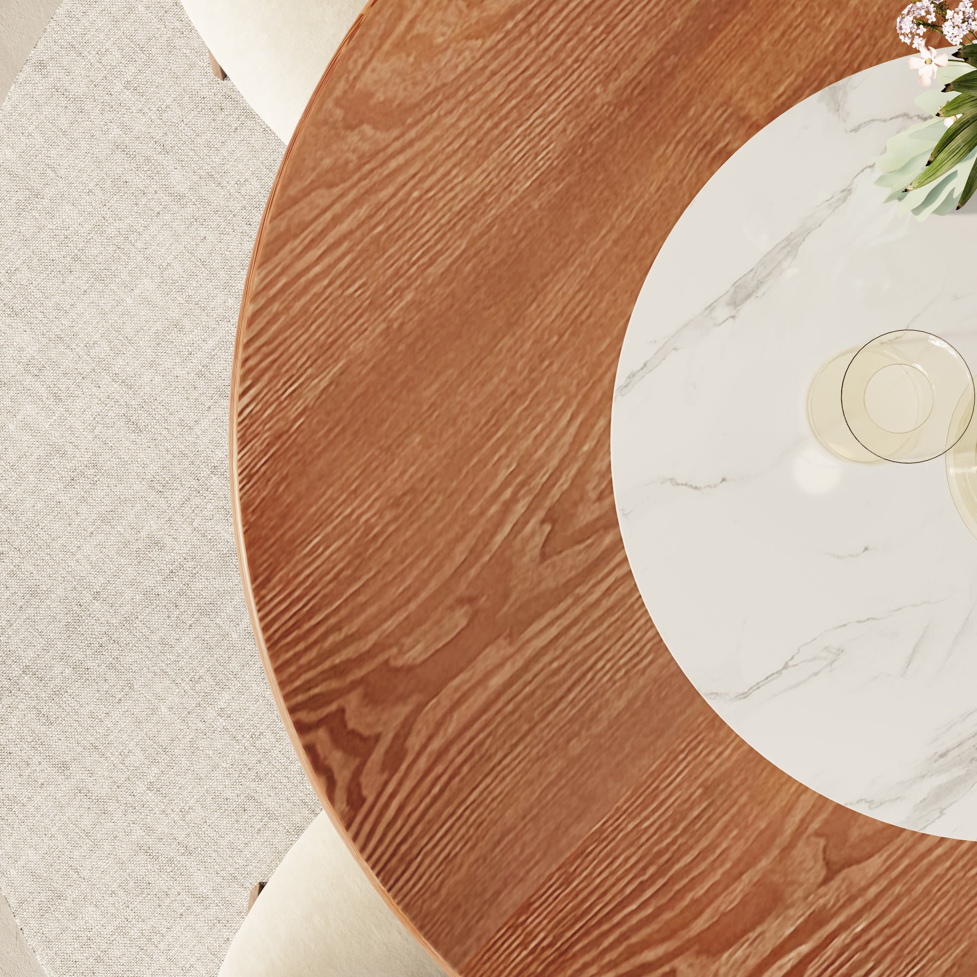 Aurelia Walnut Round Solid Wood Pedestal Dining Table with Snow White Stone Lazy Susan - image 8