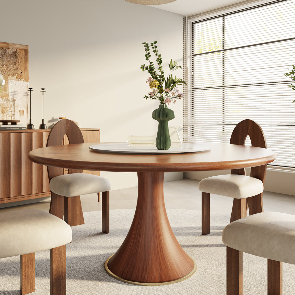 Aurelia Walnut Round Solid Wood Pedestal Dining Table with Snow White Stone Lazy Susan - 59.05'' W X 59.05'' D X 29.53'' H - image 0