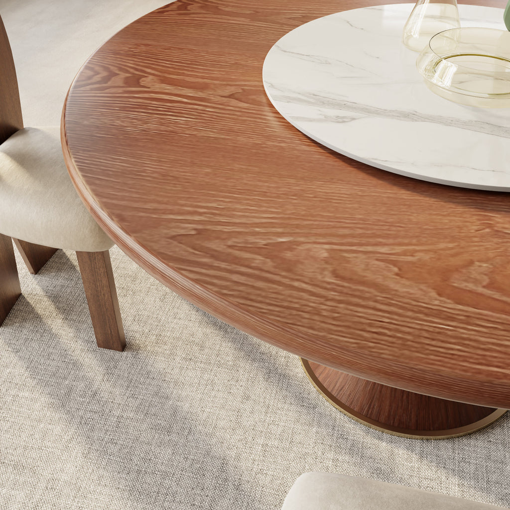 Aurelia Walnut Round Solid Wood Pedestal Dining Table with Snow White Stone Lazy Susan - image 3