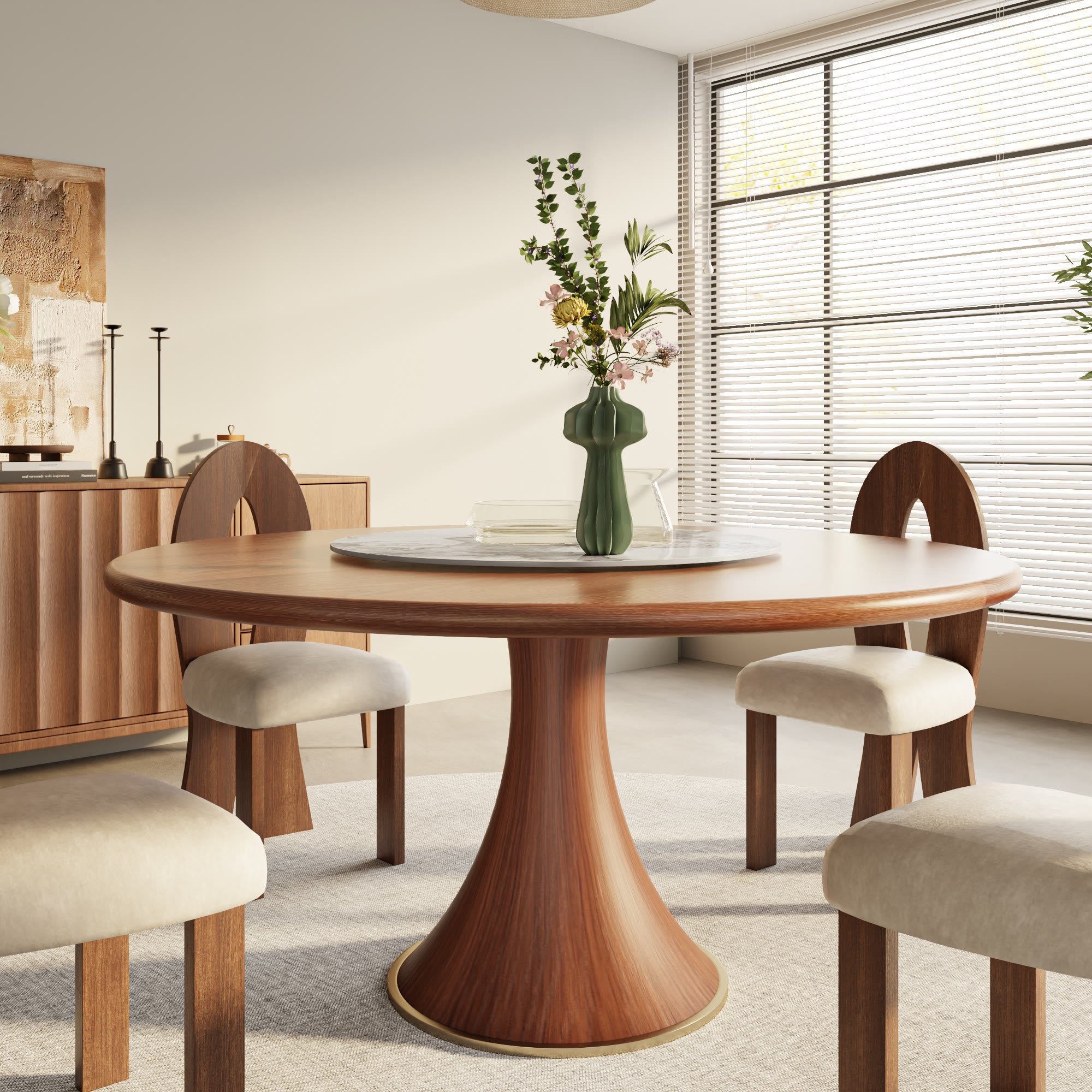 Aurelia Walnut Round Solid Wood Pedestal Dining Table with Pandora Stone Lazy Susan - 59.05'' W X 59.05'' D X 29.53'' H - image 0