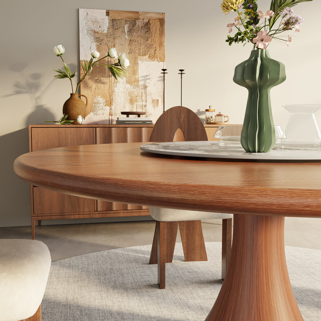 Aurelia Walnut Round Solid Wood Pedestal Dining Table with Pandora Stone Lazy Susan - image 2