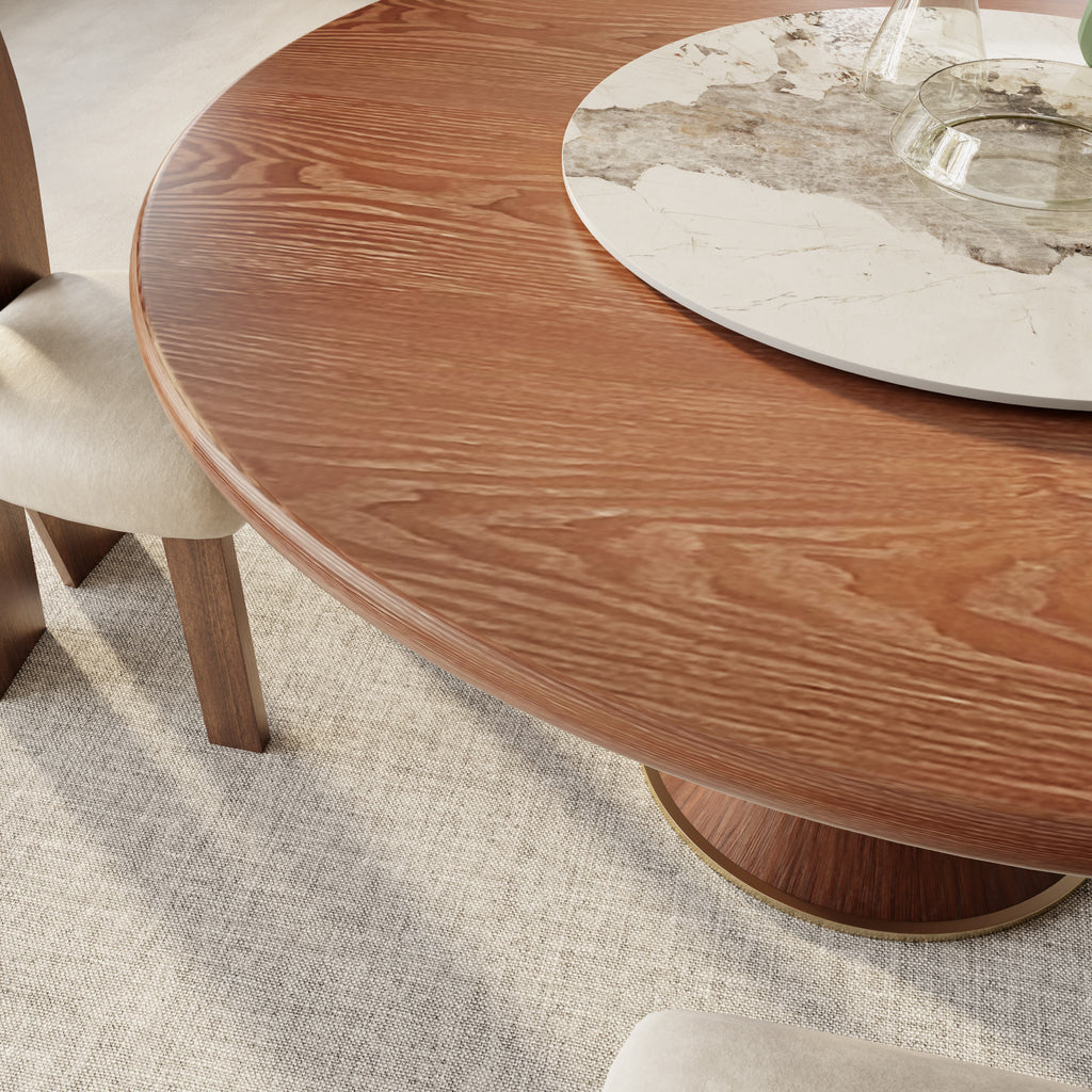 Aurelia Walnut Round Solid Wood Pedestal Dining Table with Pandora Stone Lazy Susan - image 3