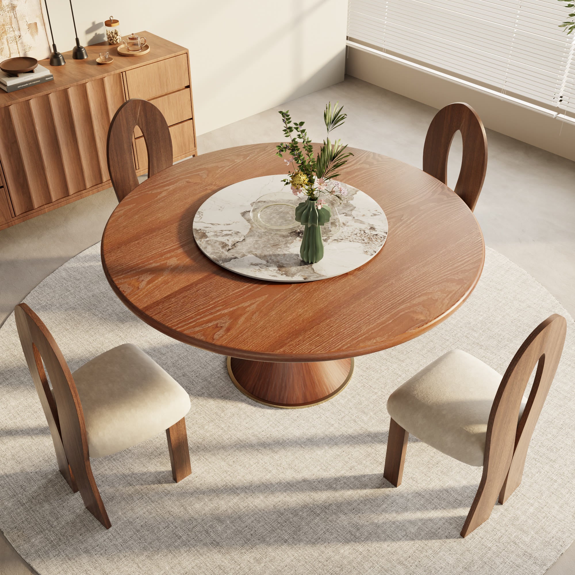 Aurelia Walnut Round Solid Wood Pedestal Dining Table with Pandora Stone Lazy Susan - image 5