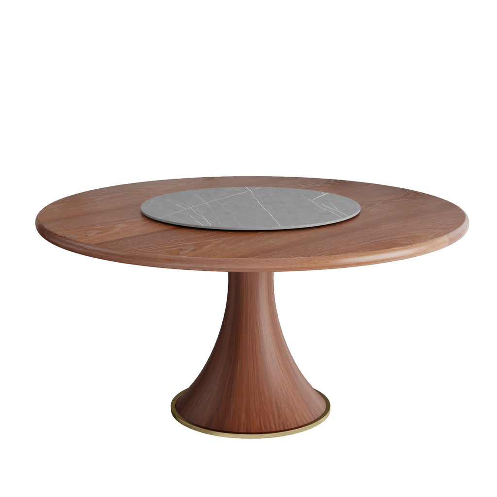 Aurelia Walnut Round Solid Wood Pedestal Dining Table with Gray Stone Lazy Susan - image 1