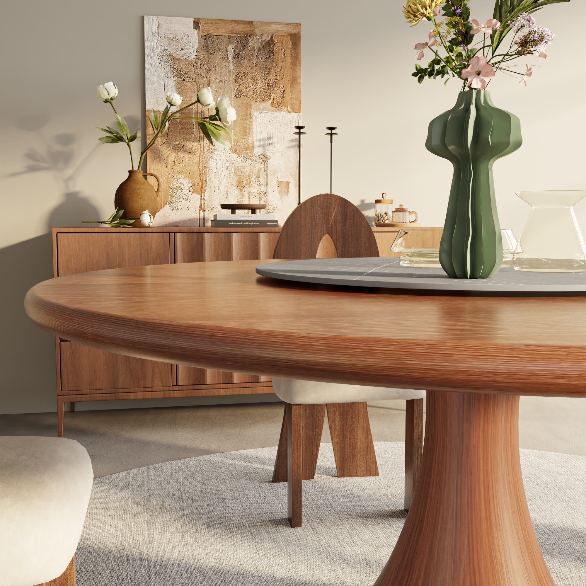 Aurelia Walnut Round Solid Wood Pedestal Dining Table with Gray Stone Lazy Susan - image 2