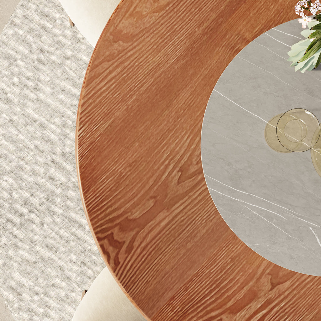 Aurelia Walnut Round Solid Wood Pedestal Dining Table with Gray Stone Lazy Susan - image 8