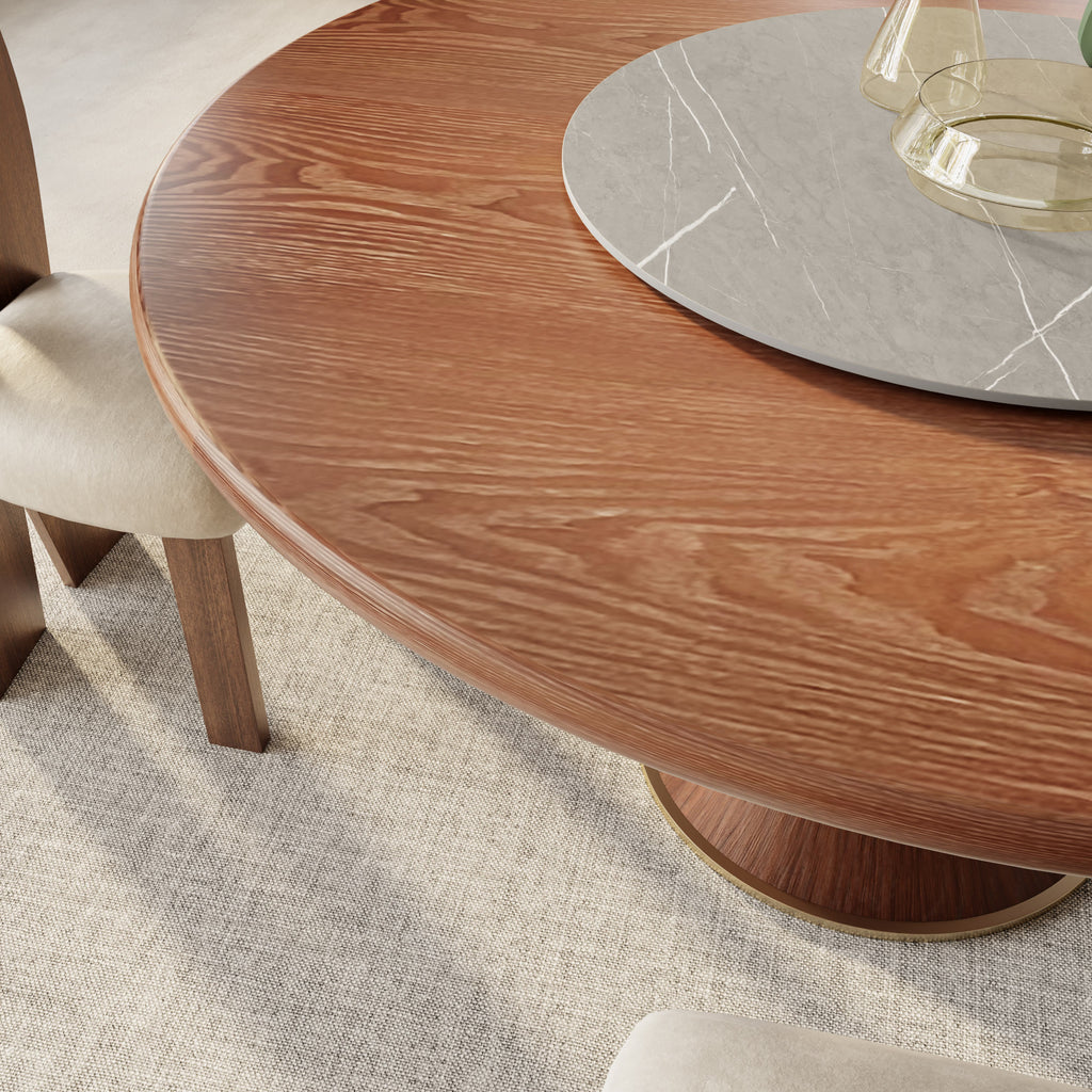 Aurelia Walnut Round Solid Wood Pedestal Dining Table with Gray Stone Lazy Susan - image 3
