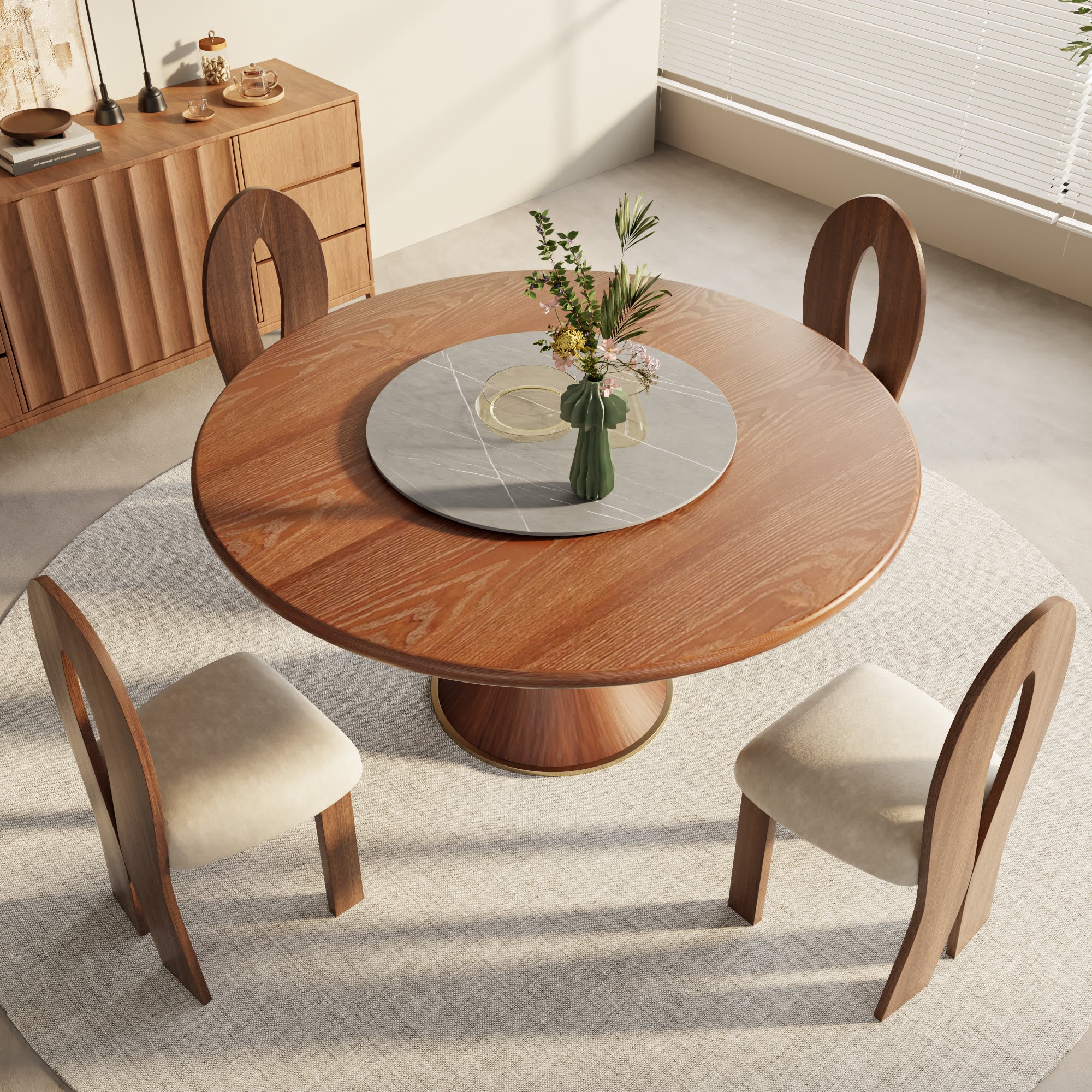 Aurelia Walnut Round Solid Wood Pedestal Dining Table with Gray Stone Lazy Susan - image 5