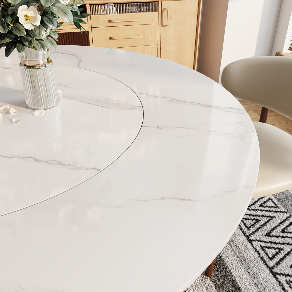 Aurelia Round Solid Wood Pedestal Dining Table with White Stone Top and Built-In Lazy Susan - image 2
