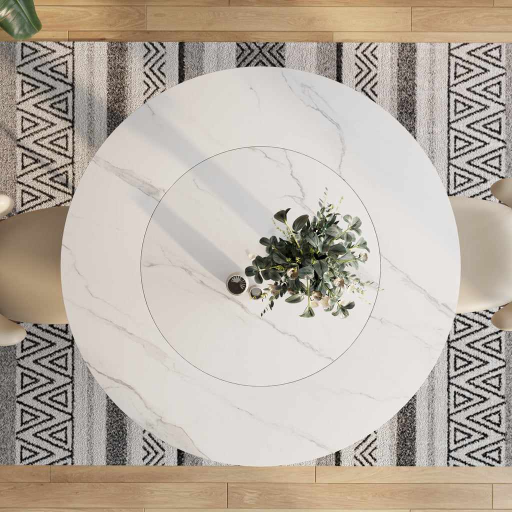 Aurelia Round Solid Wood Pedestal Dining Table with White Stone Top and Built-In Lazy Susan - image 3