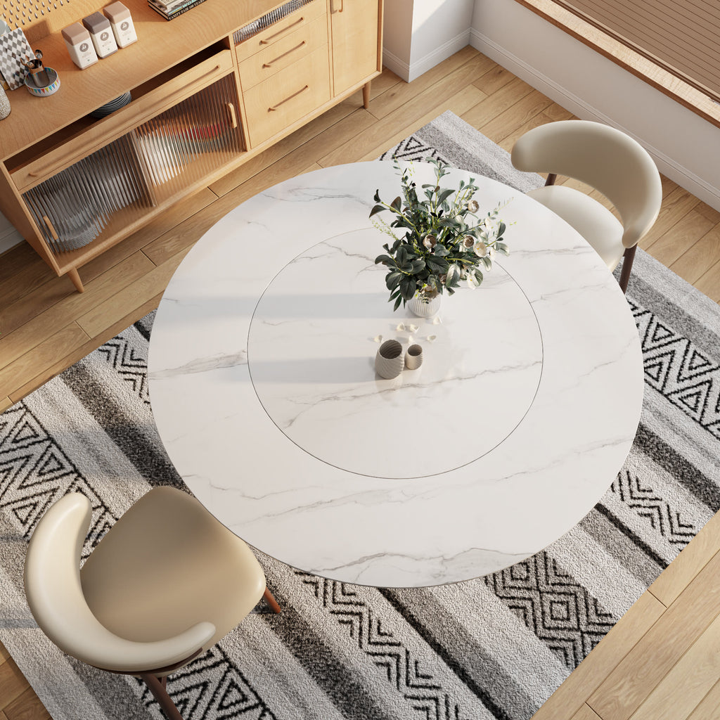 Aurelia Round Solid Wood Pedestal Dining Table with White Stone Top and Built-In Lazy Susan - image 4