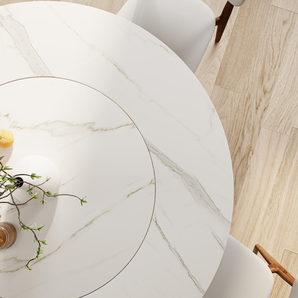 Aurelia Round Solid Wood Pedestal Dining Table with White Stone Top and Built-In Lazy Susan - image 8