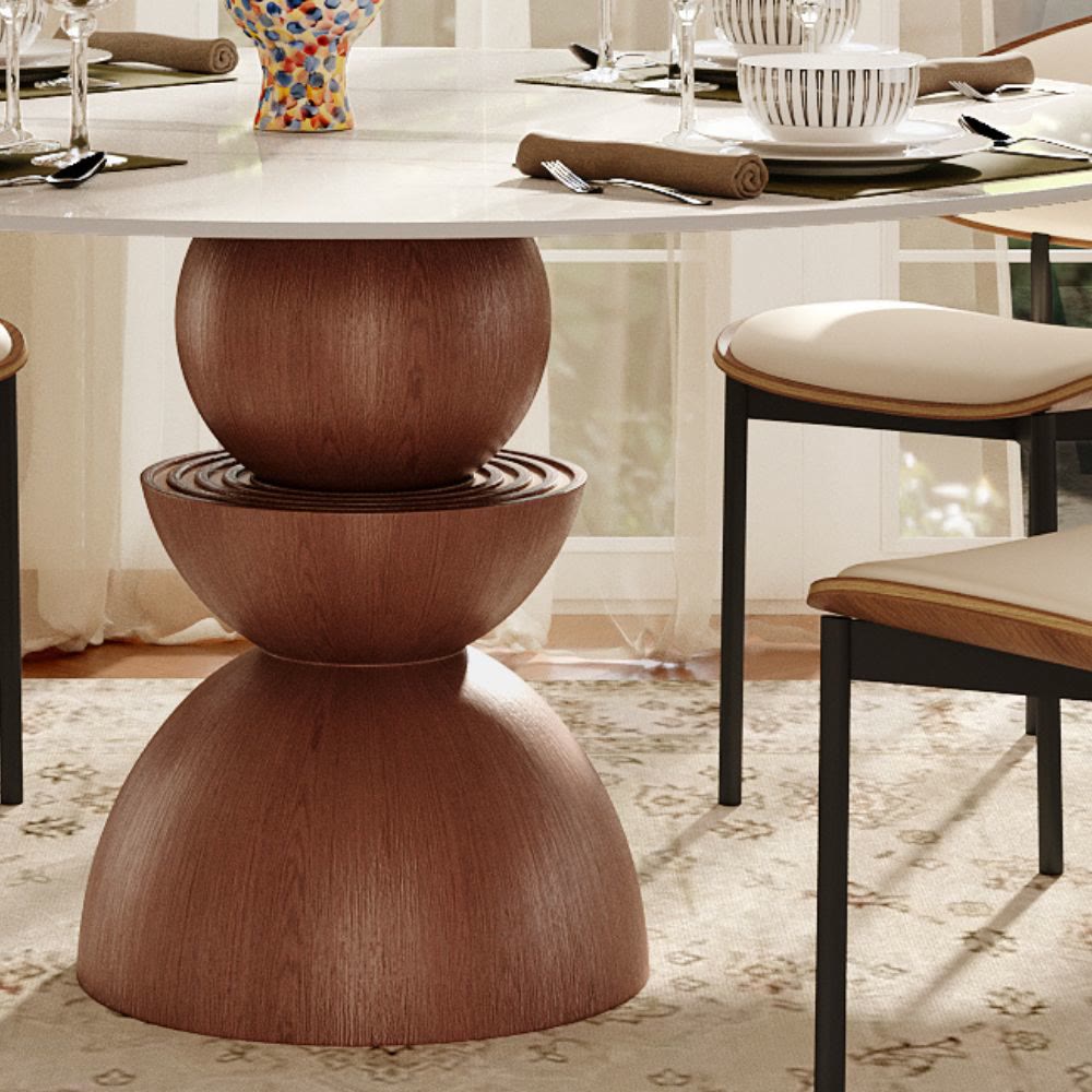 Mira Red Walnut Round Solid Wood Pedestal Dining Table with Snow White Stone Top - image 2