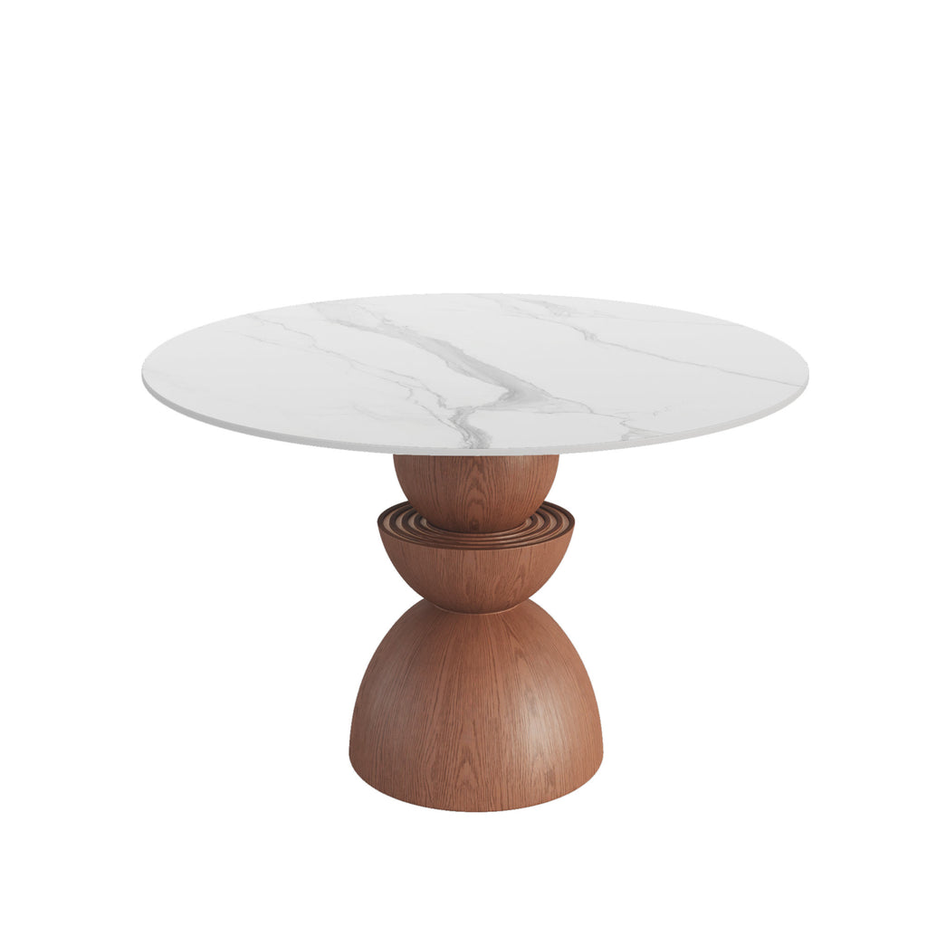 Mira Red Walnut Round Solid Wood Pedestal Dining Table with Snow White Stone Top - image 1