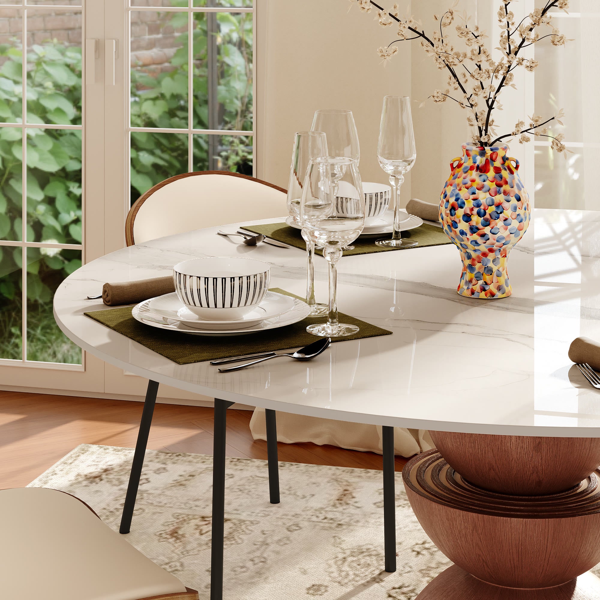 Mira Red Walnut Round Solid Wood Pedestal Dining Table with Snow White Stone Top - image 8