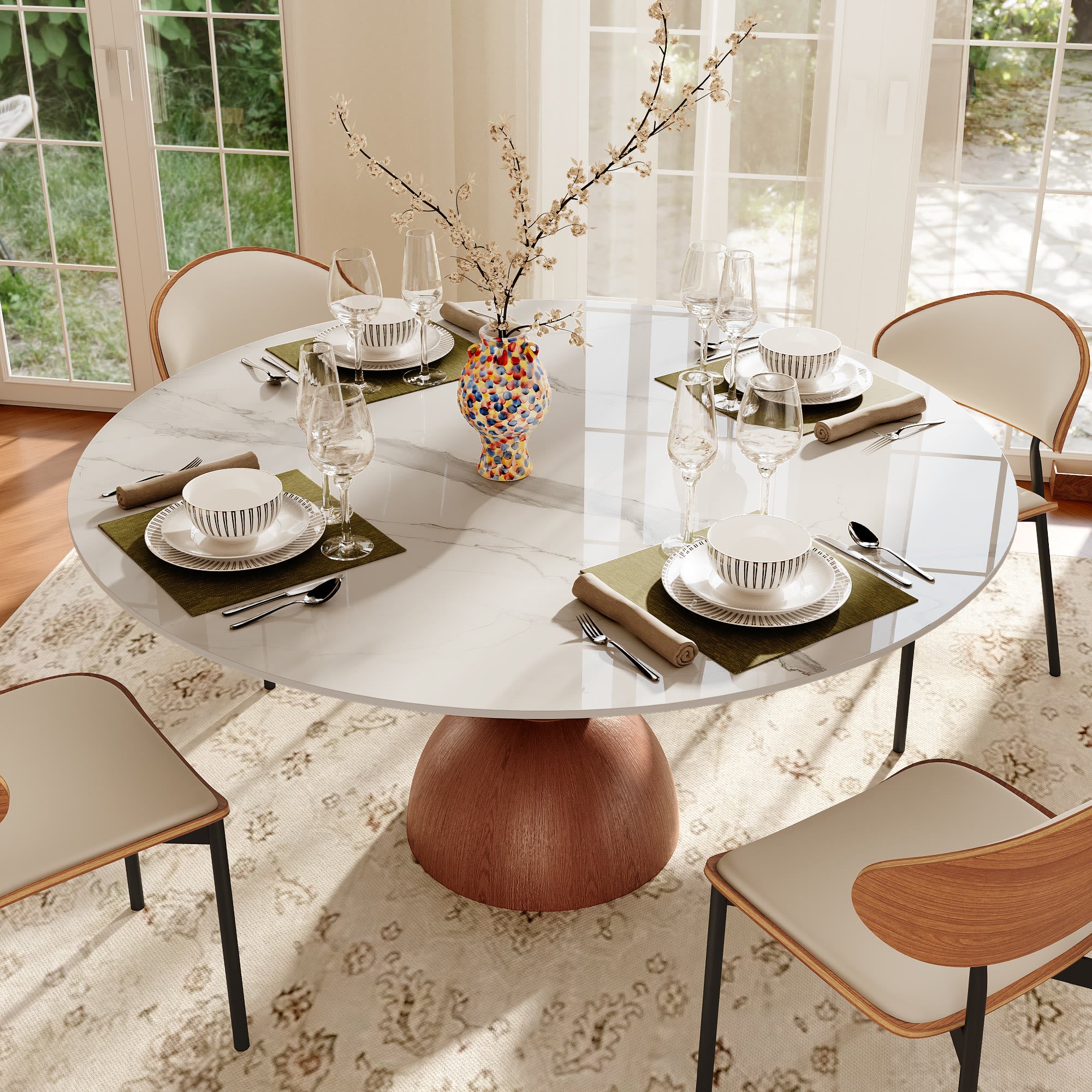 Mira Red Walnut Round Solid Wood Pedestal Dining Table with Snow White Stone Top - image 4