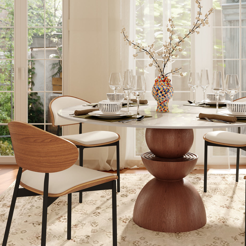 Mira Red Walnut Round Solid Wood Pedestal Dining Table with Snow White Stone Top - image 3