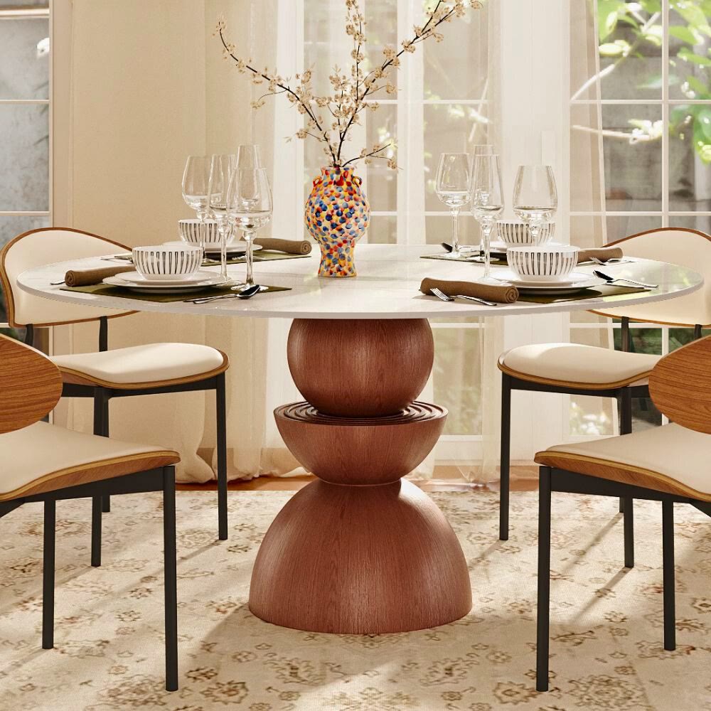 Mira Red Walnut Solid Wood Pedestal Round Dining Table - Snowy White - 59" Table - image 0