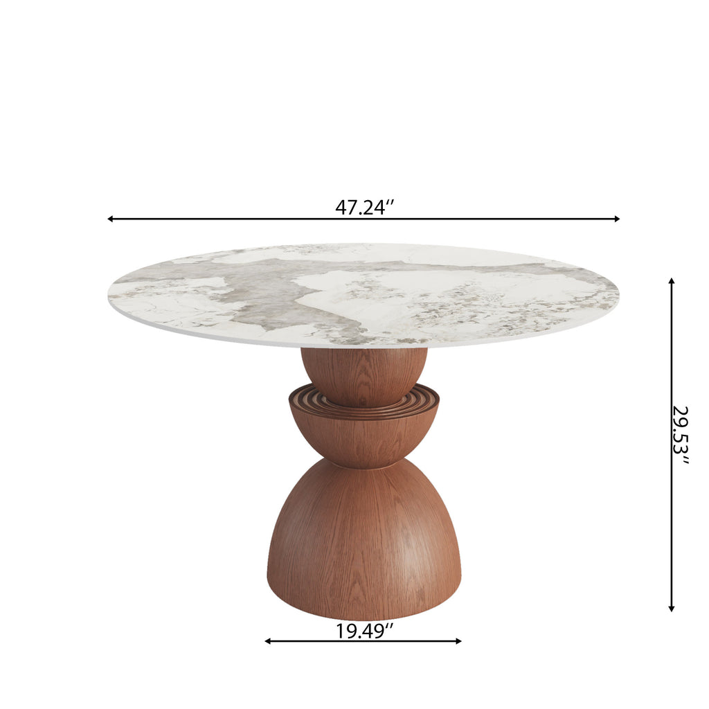 Mira Red Walnut Round Solid Wood Pedestal Dining Table with Pandora Stone Top - image 5