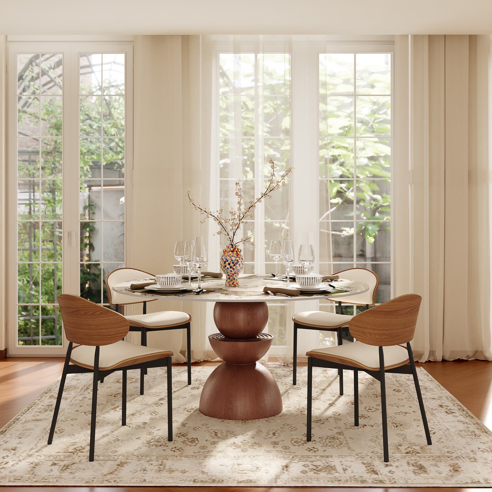 Mira Red Walnut Round Solid Wood Pedestal Dining Table with Pandora Stone Top - image 3