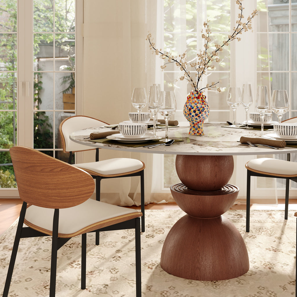 Mira Red Walnut Round Solid Wood Pedestal Dining Table with Pandora Stone Top - image 2