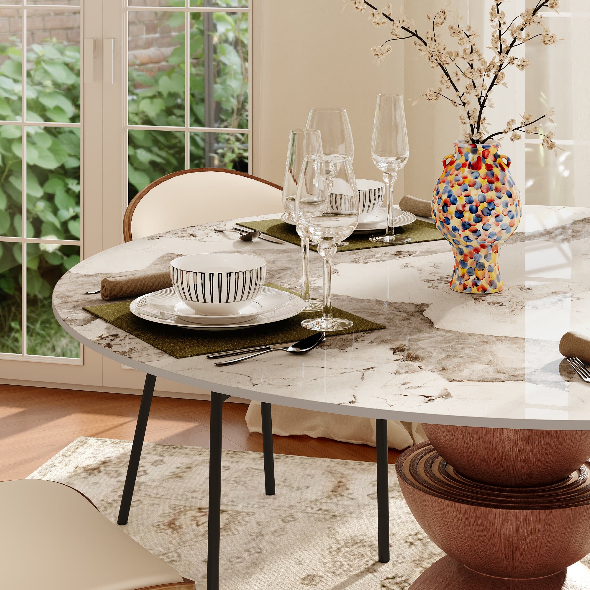 Mira Red Walnut Round Solid Wood Pedestal Dining Table with Pandora Stone Top - image 8