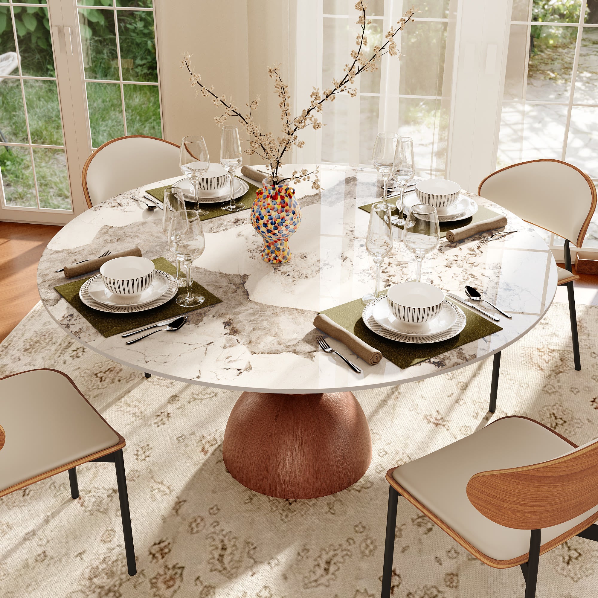 Mira Red Walnut Round Solid Wood Pedestal Dining Table with Pandora Stone Top - image 4