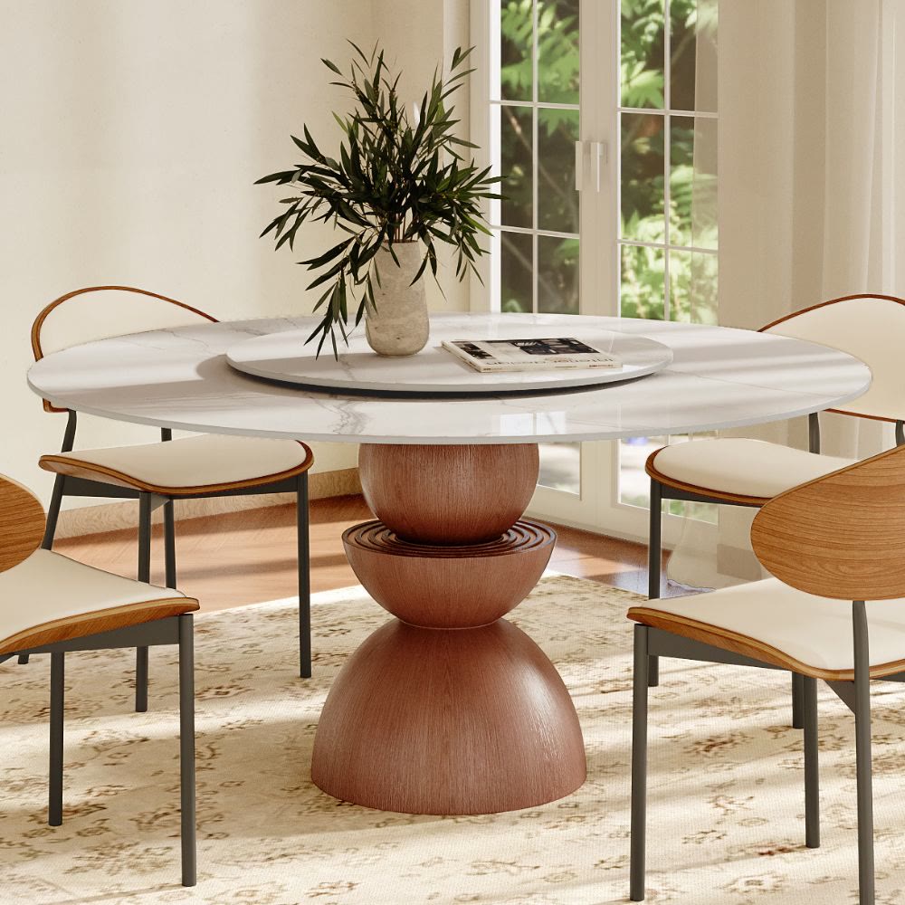 Mira Red Walnut Round Solid Wood Pedestal Dining Table with Snow White Stone Top and Removable Lazy Susan - 59.05'' W X 59.05'' D X 29.53'' H - image 0