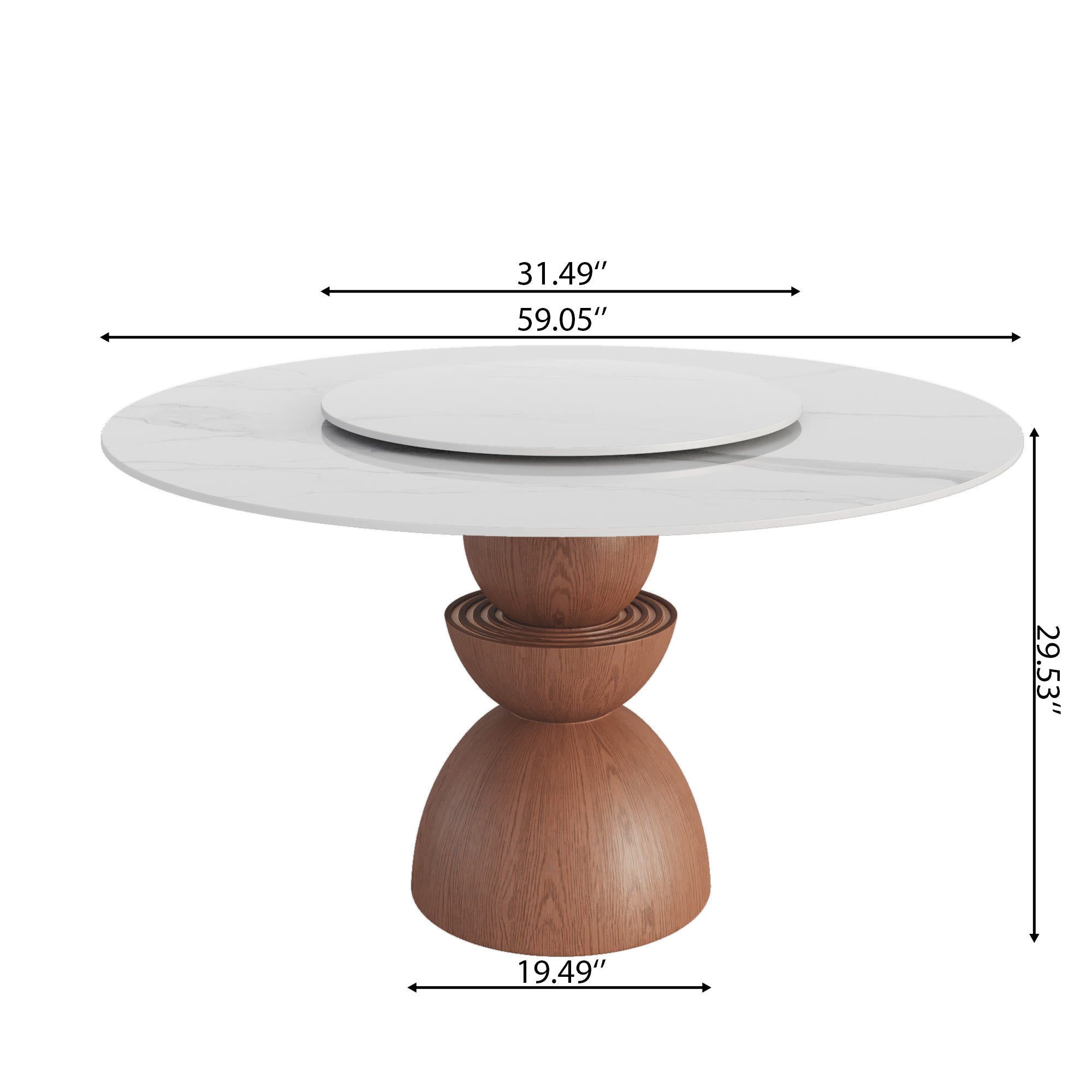 Mira Red Walnut Round Solid Wood Pedestal Dining Table with Snow White Stone Top and Removable Lazy Susan - image 7