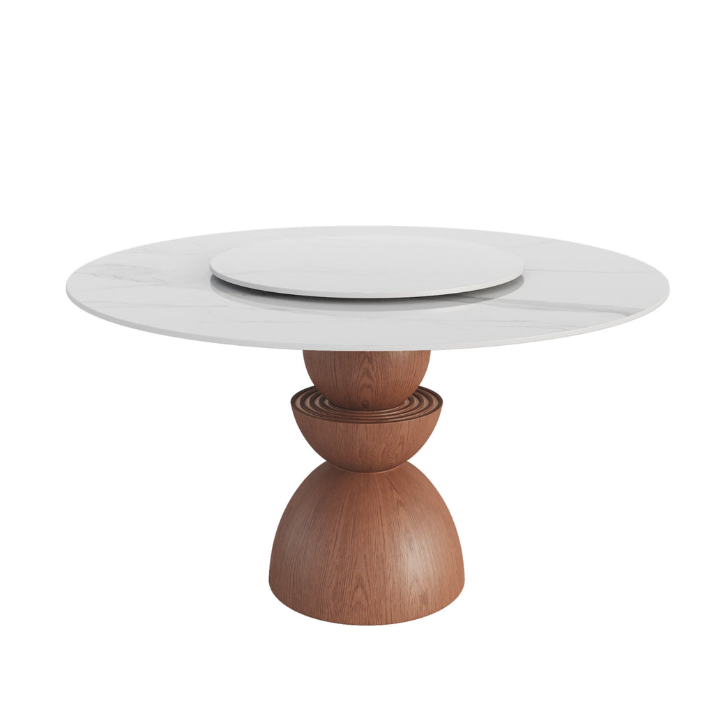 Mira Red Walnut Round Solid Wood Pedestal Dining Table with Snow White Stone Top and Removable Lazy Susan - image 1