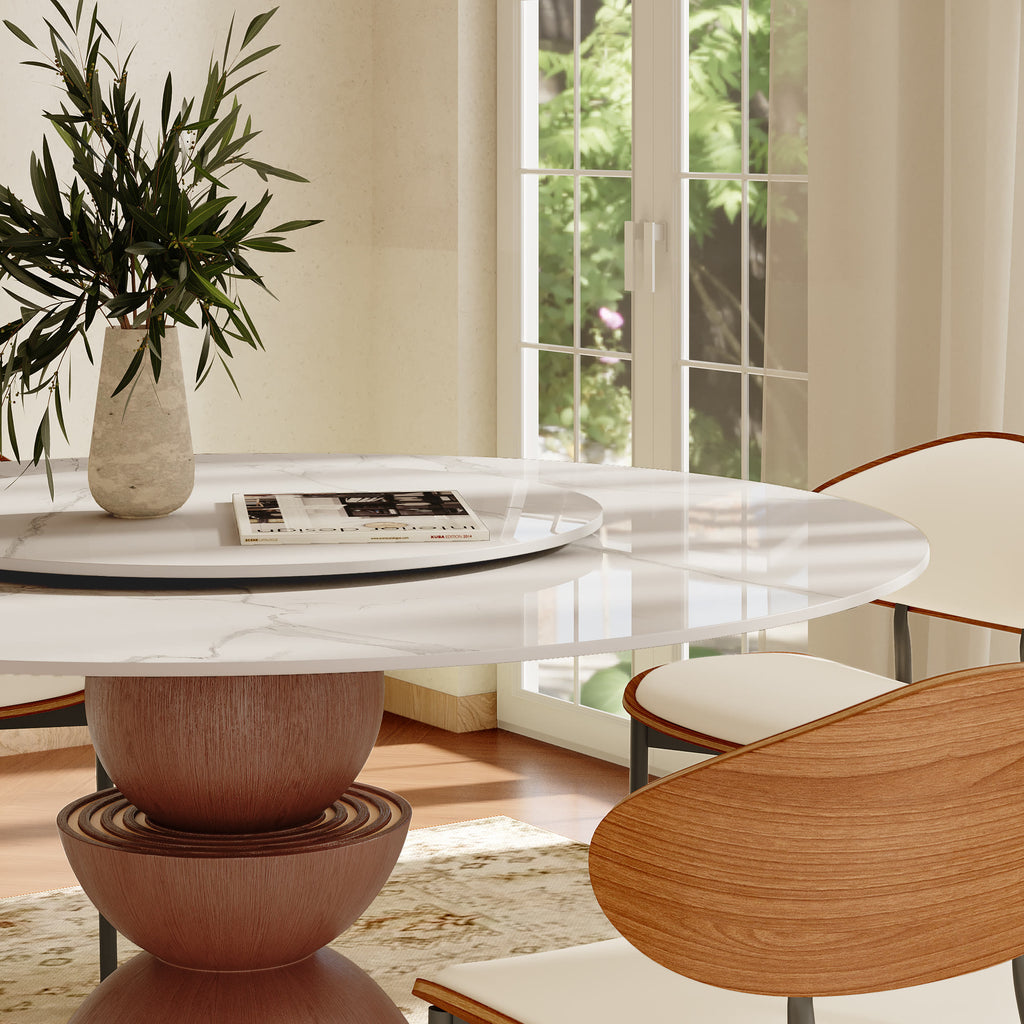 Mira Red Walnut Round Solid Wood Pedestal Dining Table with Snow White Stone Top and Removable Lazy Susan - image 3