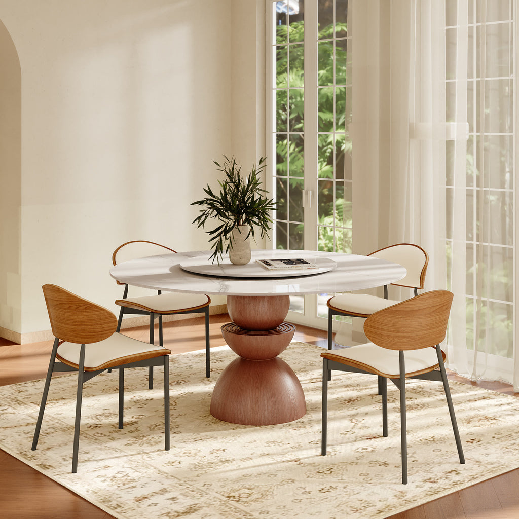 Mira Red Walnut Round Solid Wood Pedestal Dining Table with Snow White Stone Top and Removable Lazy Susan - image 5