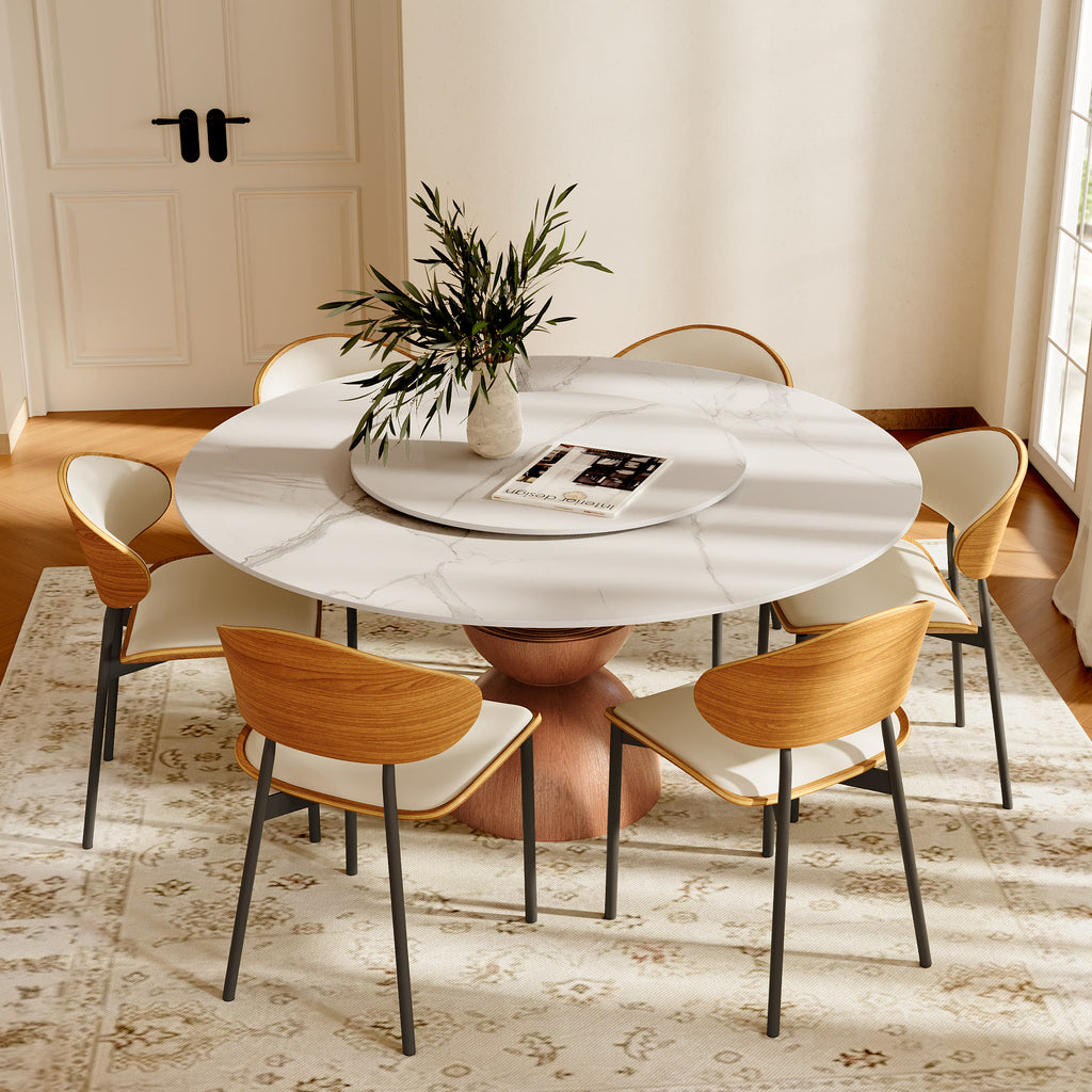 Mira Red Walnut Round Solid Wood Pedestal Dining Table with Snow White Stone Top and Removable Lazy Susan - image 4