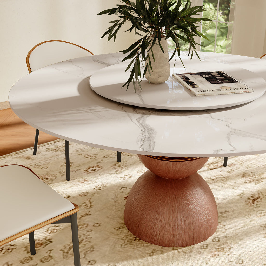 Mira Red Walnut Round Solid Wood Pedestal Dining Table with Snow White Stone Top and Removable Lazy Susan - image 8