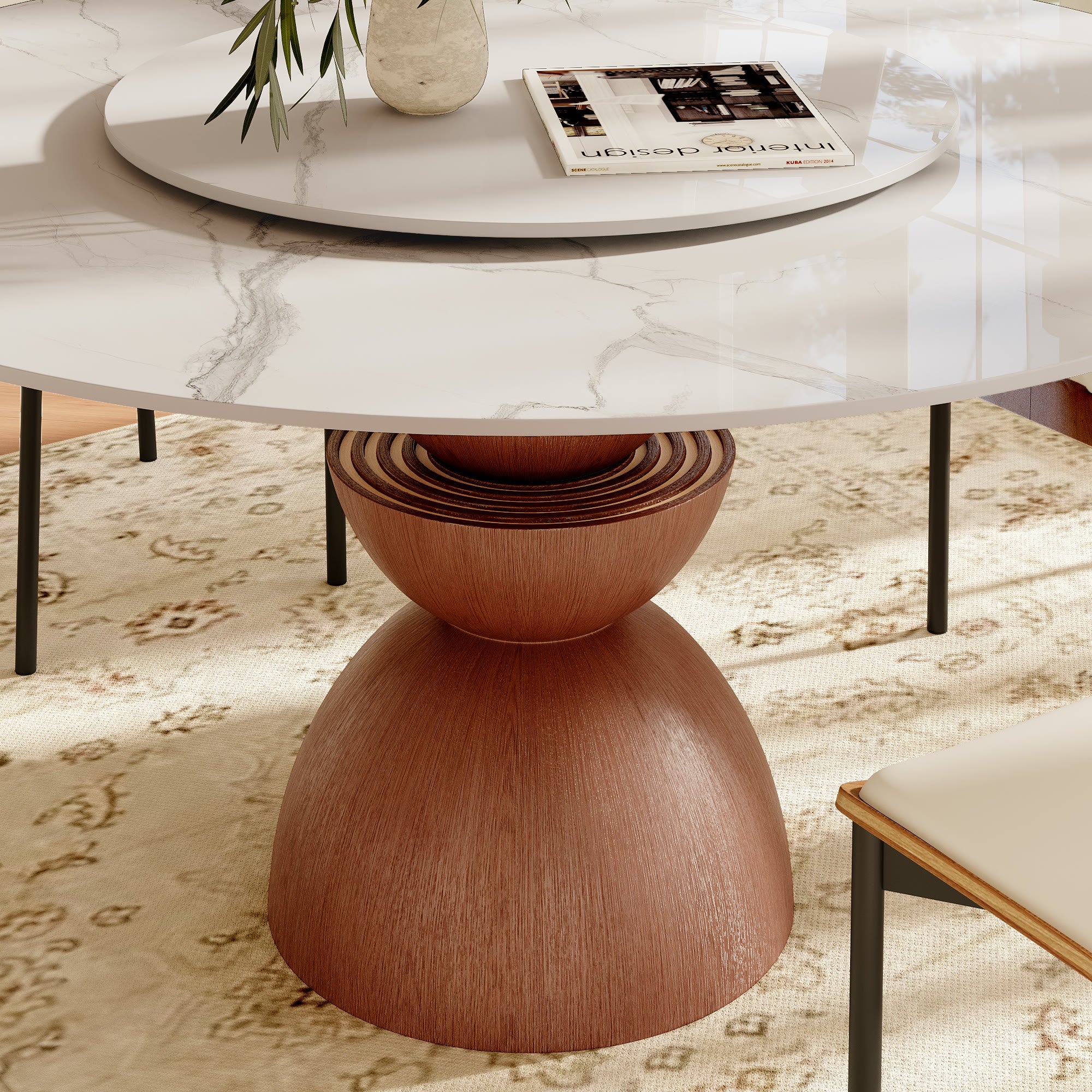 Mira Red Walnut Round Solid Wood Pedestal Dining Table with Snow White Stone Top and Removable Lazy Susan - image 2