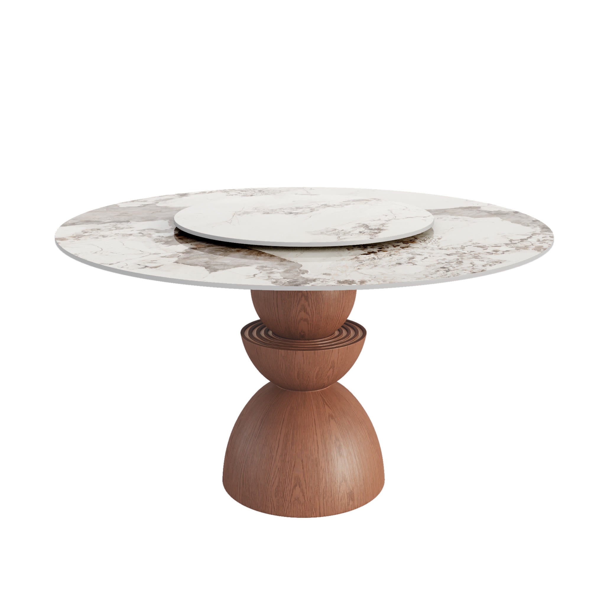 Mira Red Walnut Round Solid Wood Pedestal Dining Table with Pandora Stone Top and Removable Lazy Susan - image 1