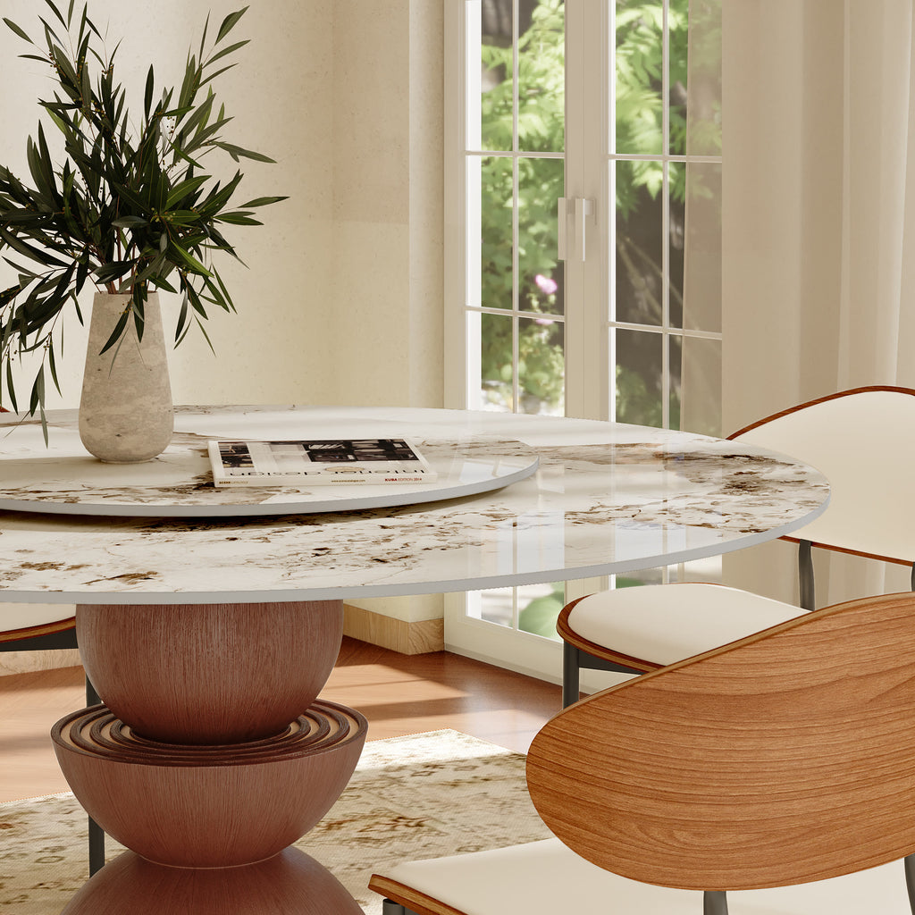 Mira Red Walnut Round Solid Wood Pedestal Dining Table with Pandora Stone Top and Removable Lazy Susan - image 3