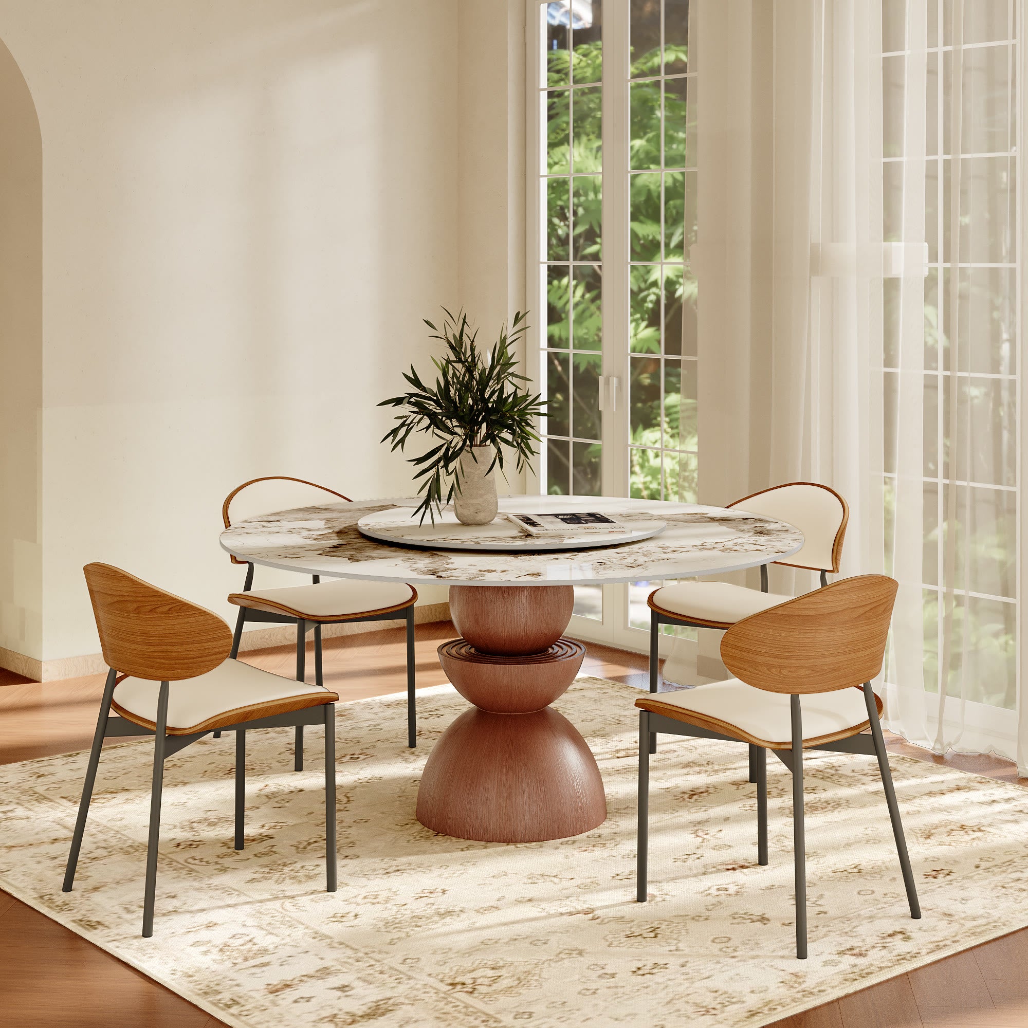 Mira Red Walnut Round Solid Wood Pedestal Dining Table with Pandora Stone Top and Removable Lazy Susan - image 4