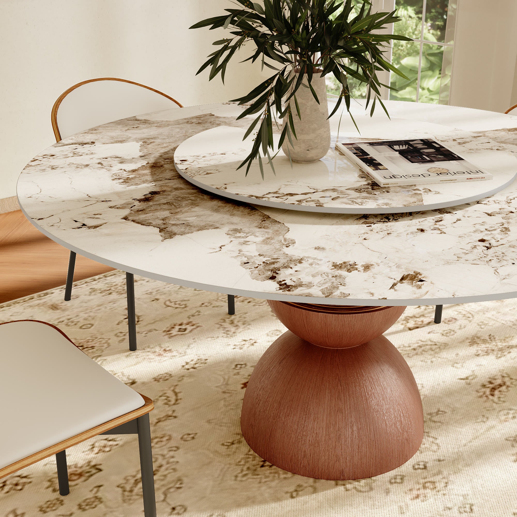 Mira Red Walnut Round Solid Wood Pedestal Dining Table with Pandora Stone Top and Removable Lazy Susan - image 8